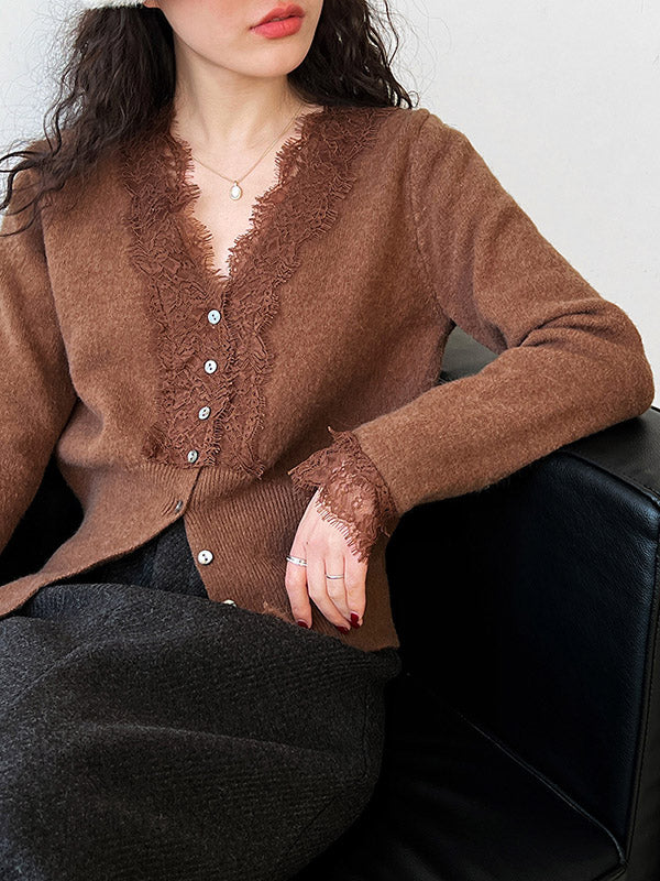 Buttoned Split-Joint Long Sleeves V-Neck Cardigan Tops