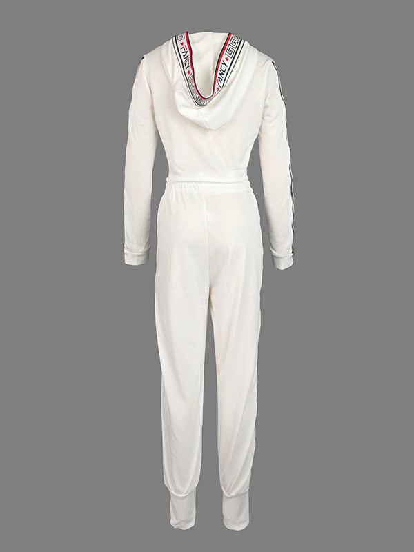 Letter Print Split-Side Zipper Long Sleeves Hooded Jackets+Pants Two Pieces Set