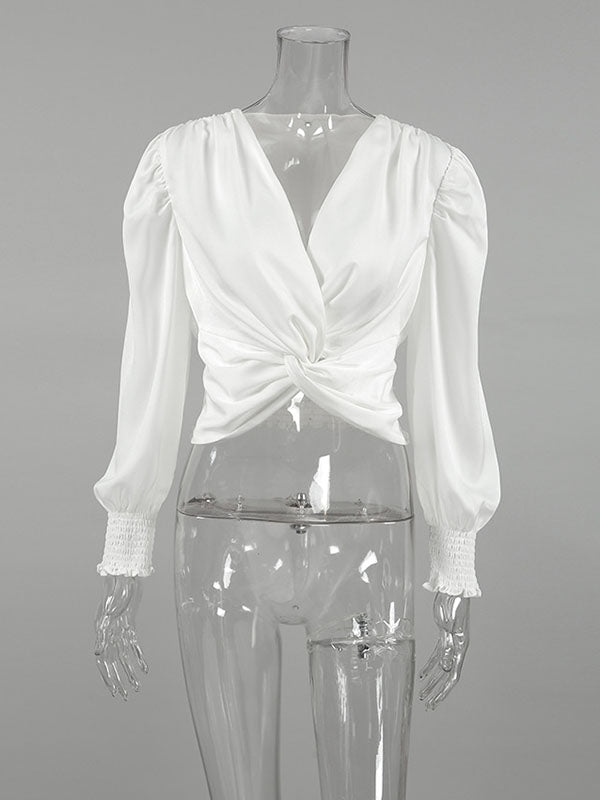 Elasticity Pleated Solid Color Split-Joint Loose Puff Sleeves V-Neck Blouses&Shirts Tops