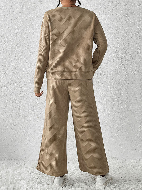 Round-Neck Long Sleeves Loose Solid Color Shirts Top + Drawstring Pants Bottom Two Pieces Set