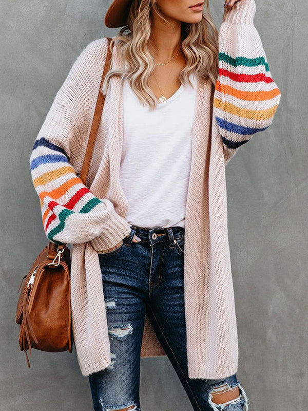 Colorful Contrast Color Striped Long Sleeves Loose Collarless Cardigan Tops