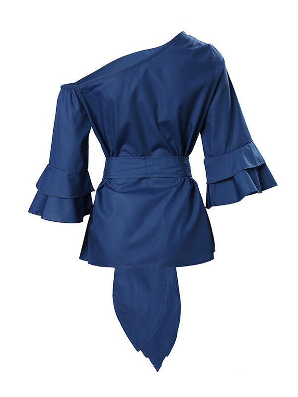Asymmetric Knot Solid Color Flared Sleeves One-shoulder Blouses&shirts Tops