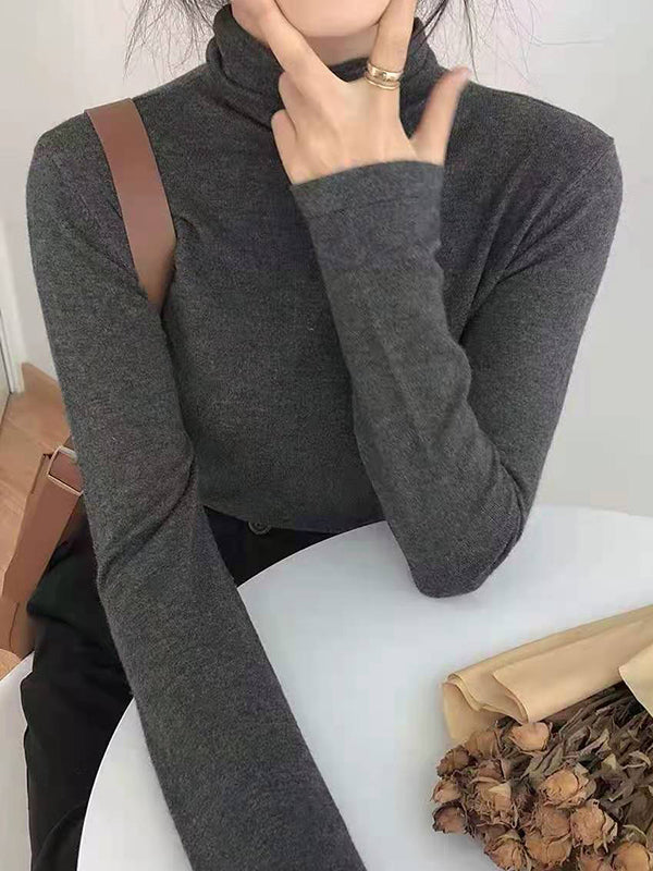 Solid Color Long Sleeves Skinny High-Neck T-Shirts Tops