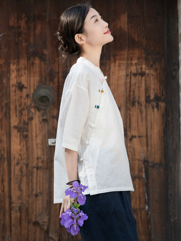 Artistic Retro Loose Half Sleeves Buttoned Contrast Color Stand Collar Blouses&Shirts Tops