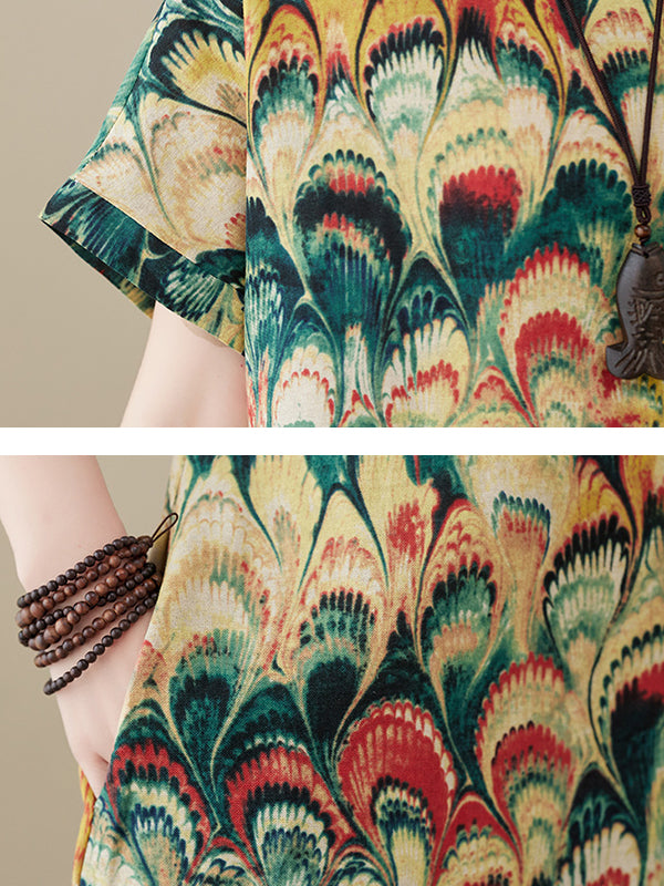 Printed Split-Joint Loose Short Sleeves Round-neck Midi Dresses