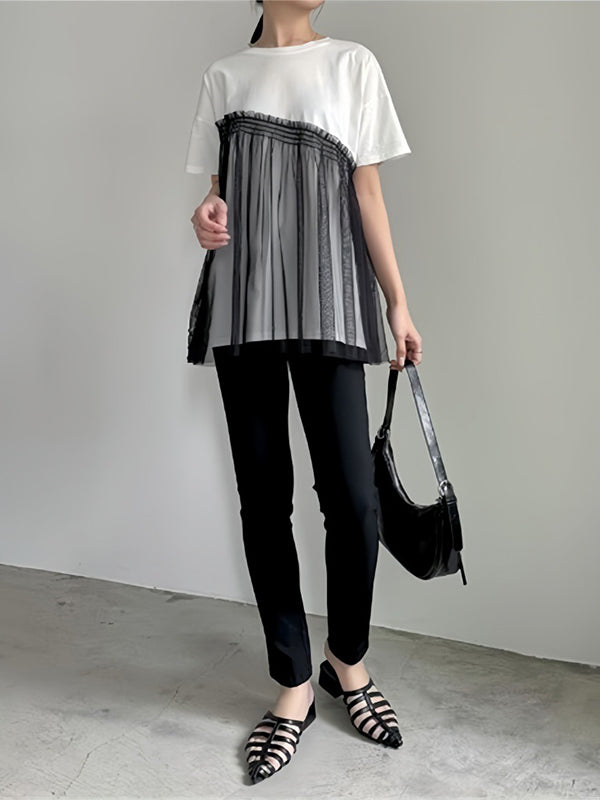 Asymmetric Mesh Split-Joint Loose Short Sleeves Round-Neck T-Shirts Tops