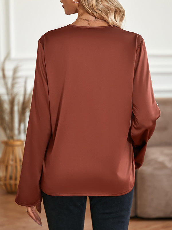 Elasticity Solid Color Long Sleeves Loose V-neck Blouses&shirts Tops