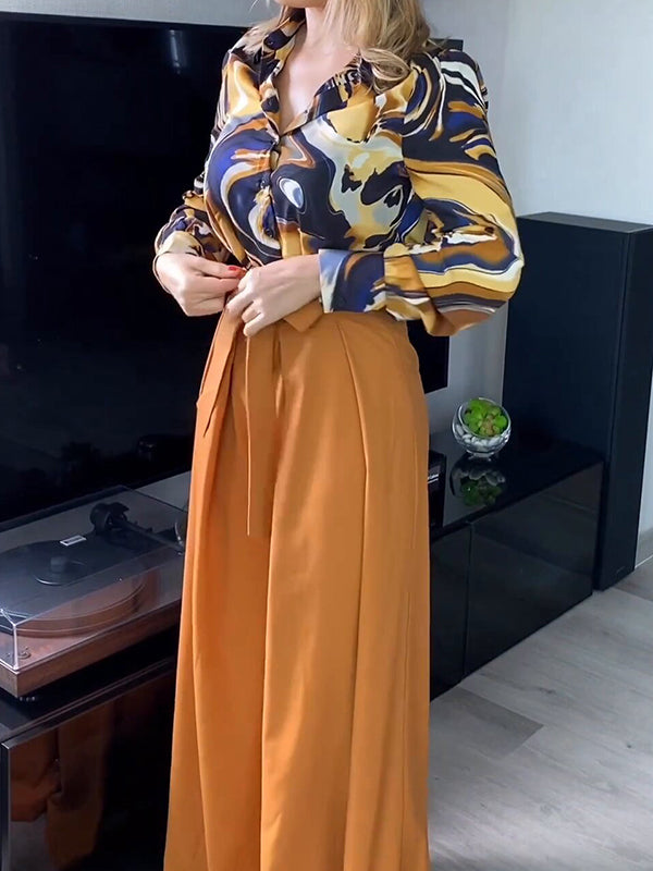 Printed Buttoned Lapel Blouse + Tied Waist High Waisted Wide Leg Pants Two Pieces Set