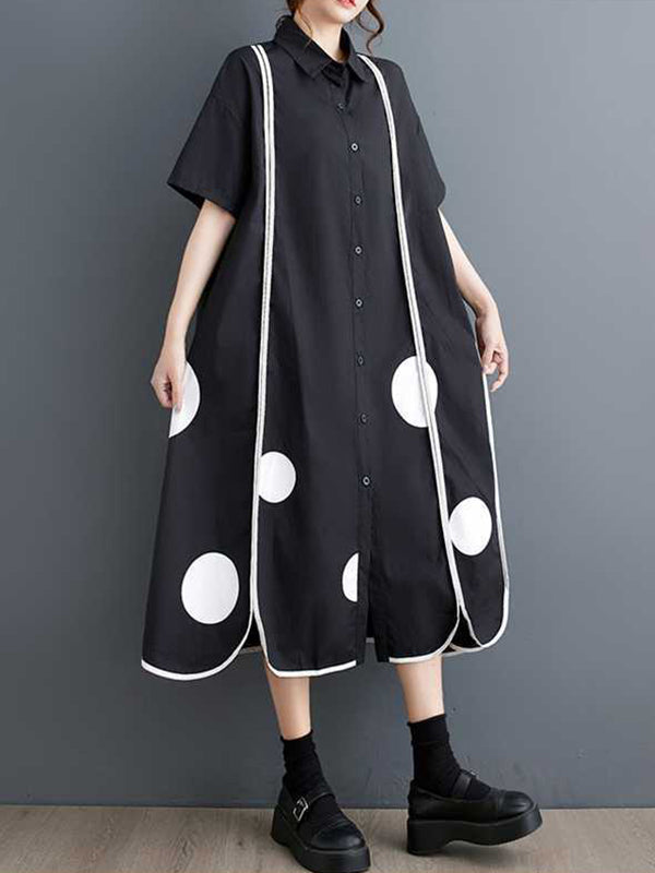 Buttoned Pockets Polka-Dot Split-Front Split-Joint A-Line Half Sleeves Lapel Shirt Dress Midi Dresses
