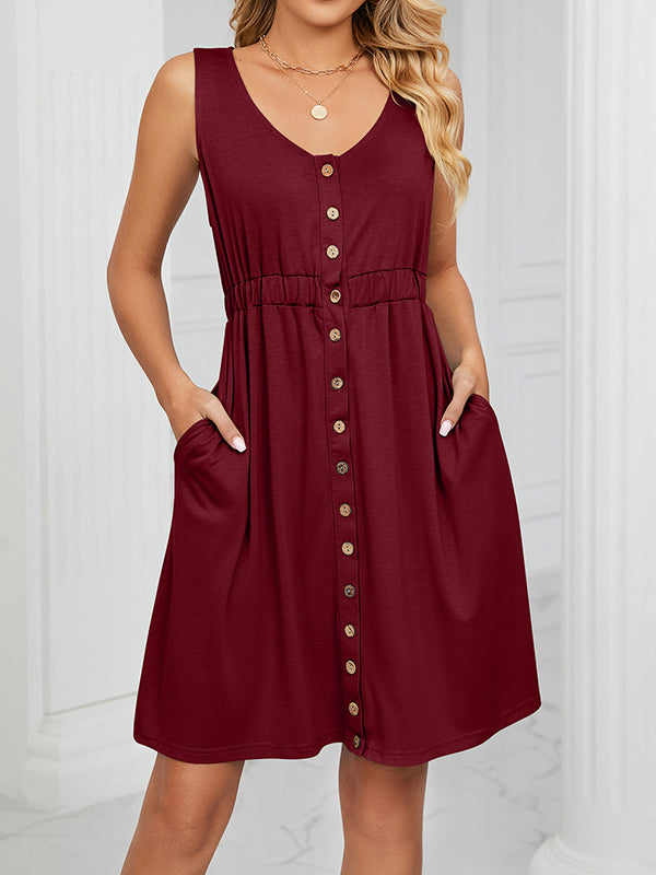 Buttoned Elasticity Pleated Pockets Split-Joint A-Line Loose Round-Neck Mini Dresses