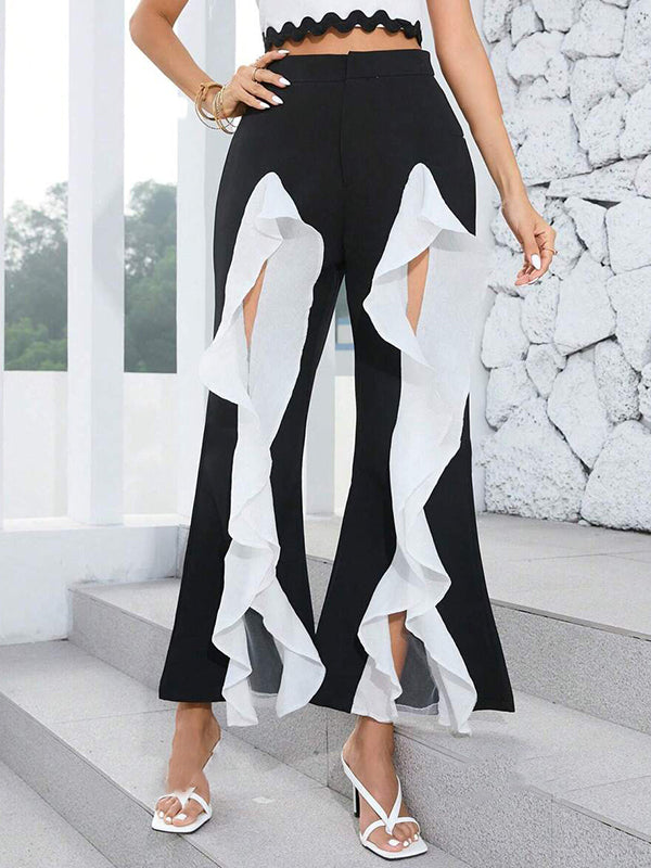 Contrast Color Pleated Split-Front Split-Joint High Waisted Loose Trousers Pants