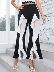 Contrast Color Pleated Split-Front Split-Joint High Waisted Loose Trousers Pants