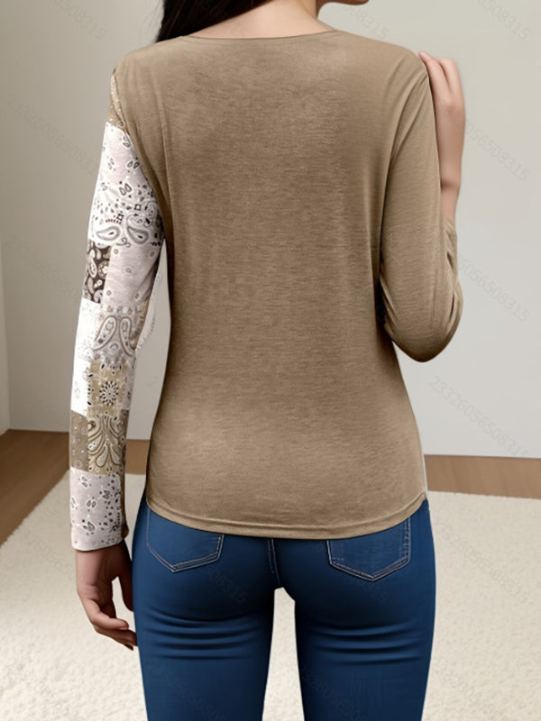 Asymmetric Buckle Contrast Color Pleated Split-Joint Irregularity Long Sleeves Round-Neck T-Shirts Tops
