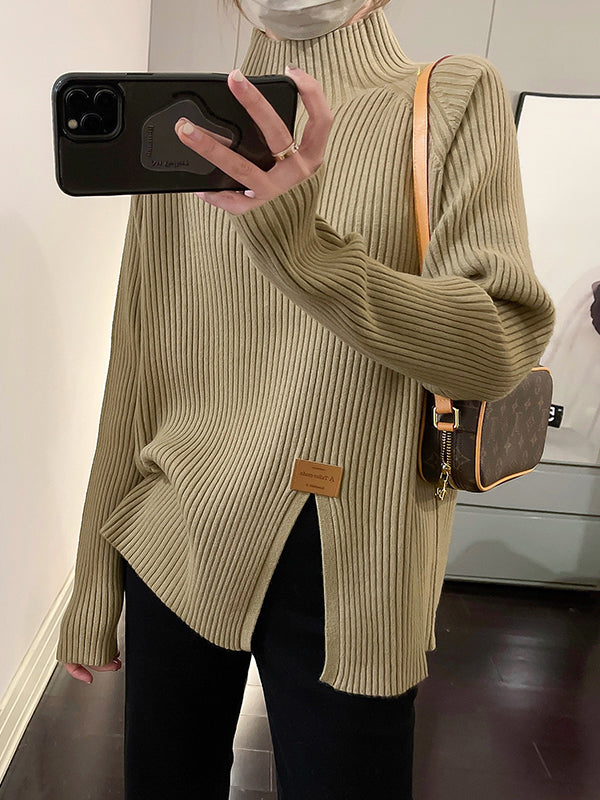 Split-Front Long Sleeves Loose Mock Neck Sweater Tops Pullovers