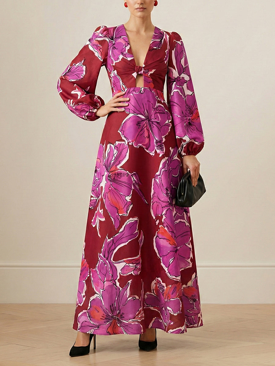 Contrast Color Flower Print Hollow Split-Joint Twist Elasticated Waist Long Sleeves Deep V-Neck Maxi Dresses