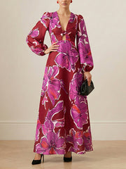 Contrast Color Flower Print Hollow Split-Joint Twist Elasticated Waist Long Sleeves Deep V-Neck Maxi Dresses