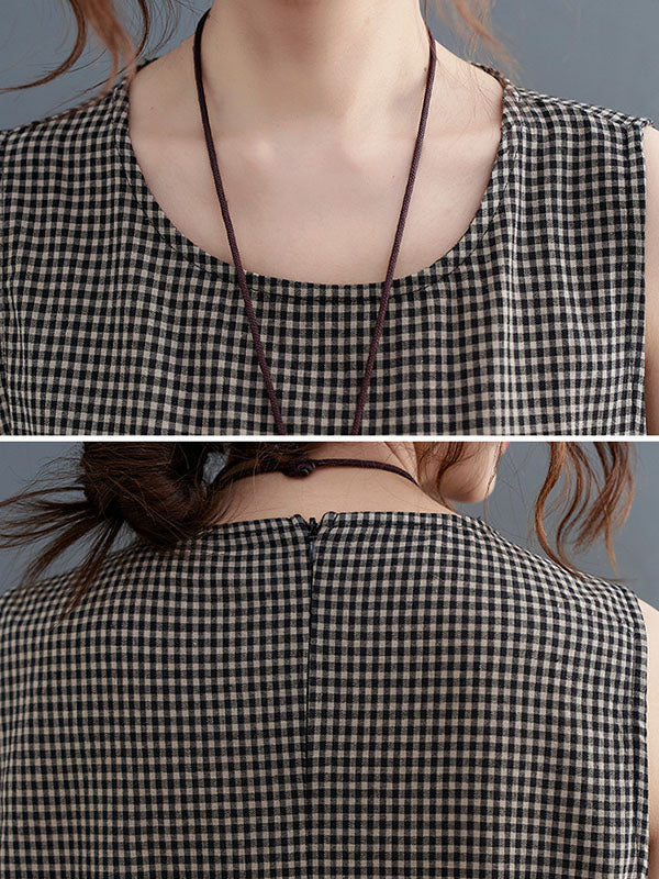 Plaid Split-Joint Loose Sleeveless Round-neck Jumpsuits