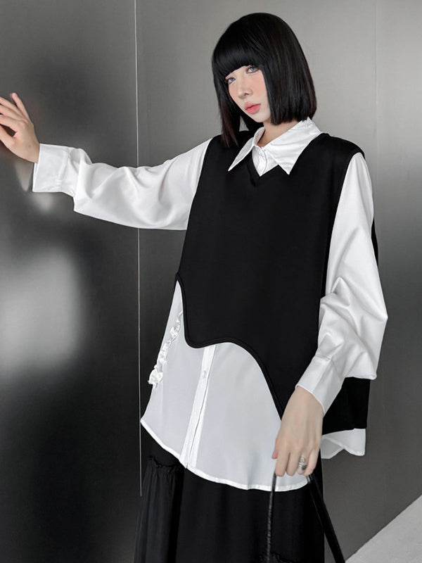 Buttoned Falbala Ruffled Solid Color Split-Joint Hipster Long Sleeves Lapel Blouses&shirts Tops