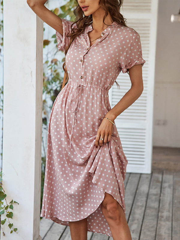 Buttoned Drawstring Polka-Dot A-Line High Waisted V-Neck Shirt Dress Midi Dresses