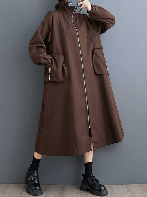 Elasticity Pockets Split-Joint Zipper Long Sleeves Loose High Neck Trench Coats Outerwear