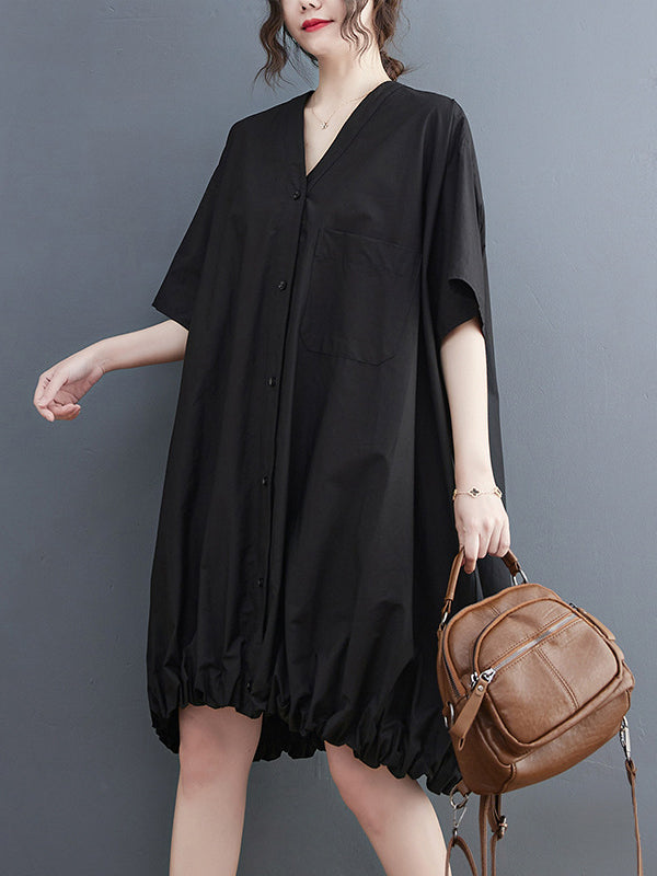 Elasticity Solid Color Half Sleeves Loose V-Neck Mini Dresses