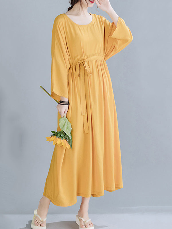 Simple Pleats Round-Neck Maxi Dress