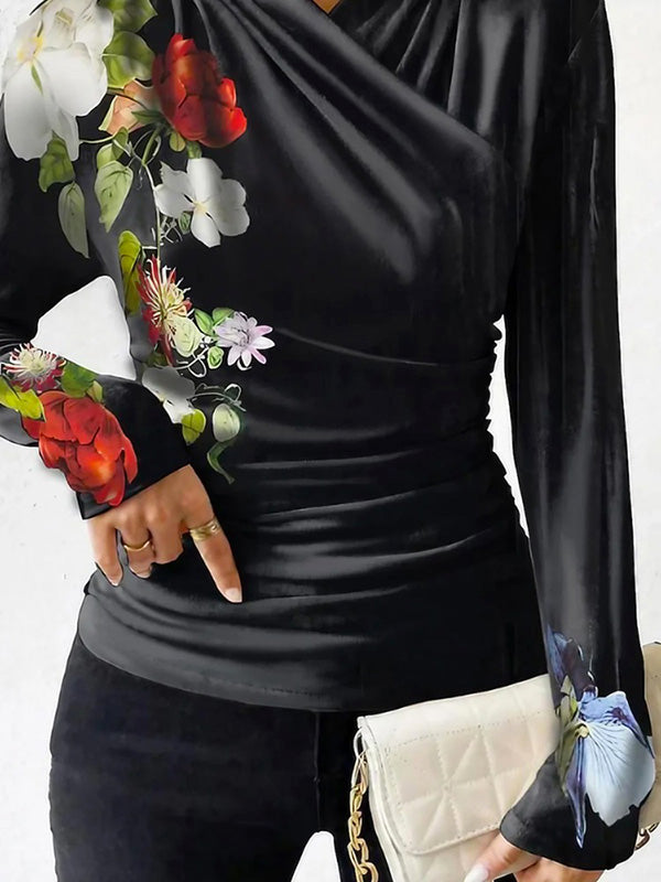 Flower Print Pleated Split-Joint Long Sleeves Skinny V-neck T-Shirts Tops