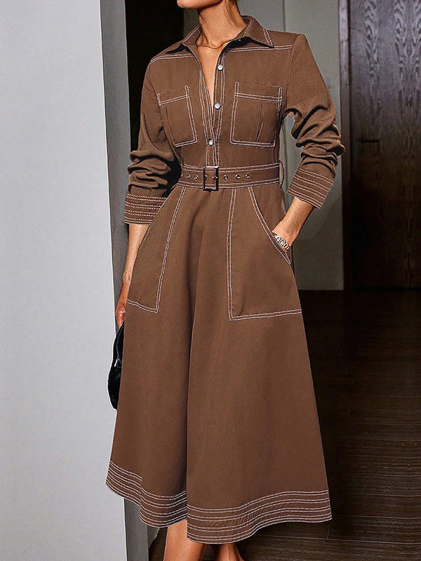 Buttoned Elasticity Pockets Solid Color Long Sleeves Loose Lapel Maxi Dresses