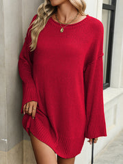 Solid Color Split-Joint A-Line Flared Sleeves Round-Neck Sweater Dresses Mini Dresses