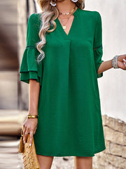 Hollow Solid Color Split-Joint Flared Sleeves Loose V-Neck Mini Dresses