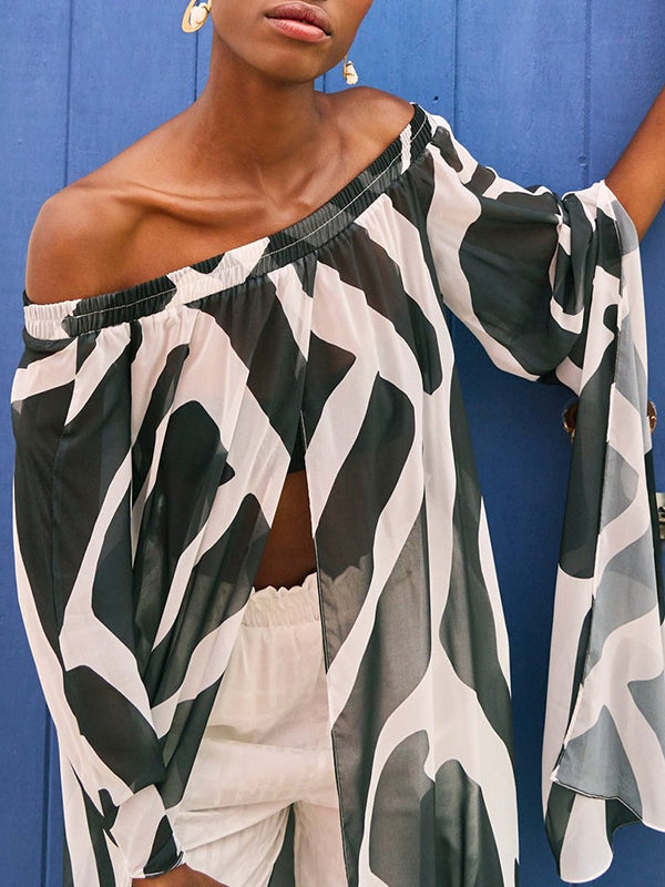 Contrast Color Elasticity Print See-Through Split-Joint Long Sleeves Loose Off-the-shoulder Blouses&shirts Tops