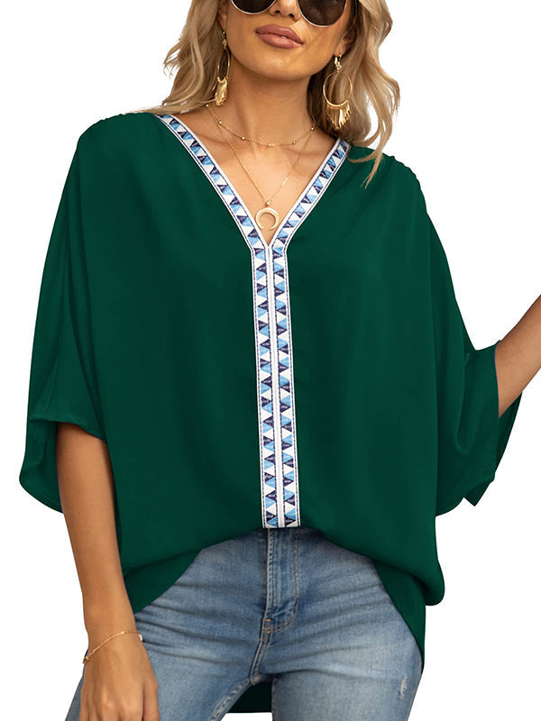 Split-Joint Batwing Sleeves Loose V-neck Blouses&shirts Tops