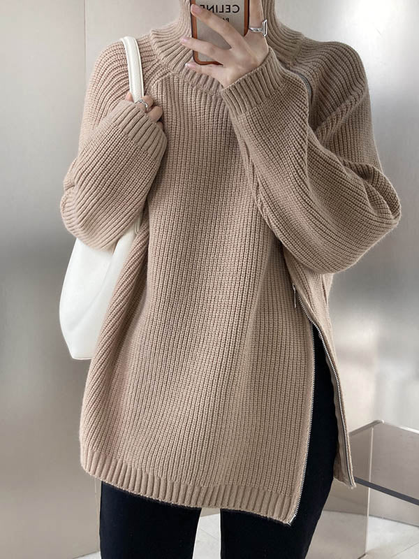 Split-Joint Split-Side Zipper Long Sleeves Loose High Neck Sweater Tops