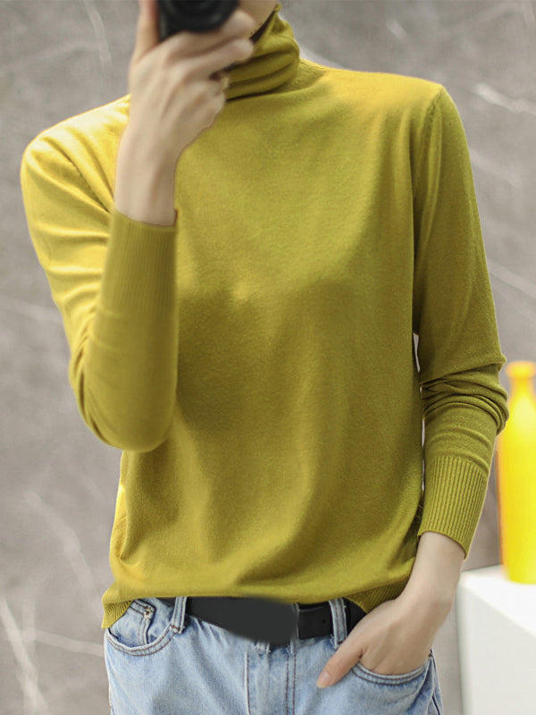 Simple Loose Long Sleeves Solid Color High-Neck Pullovers