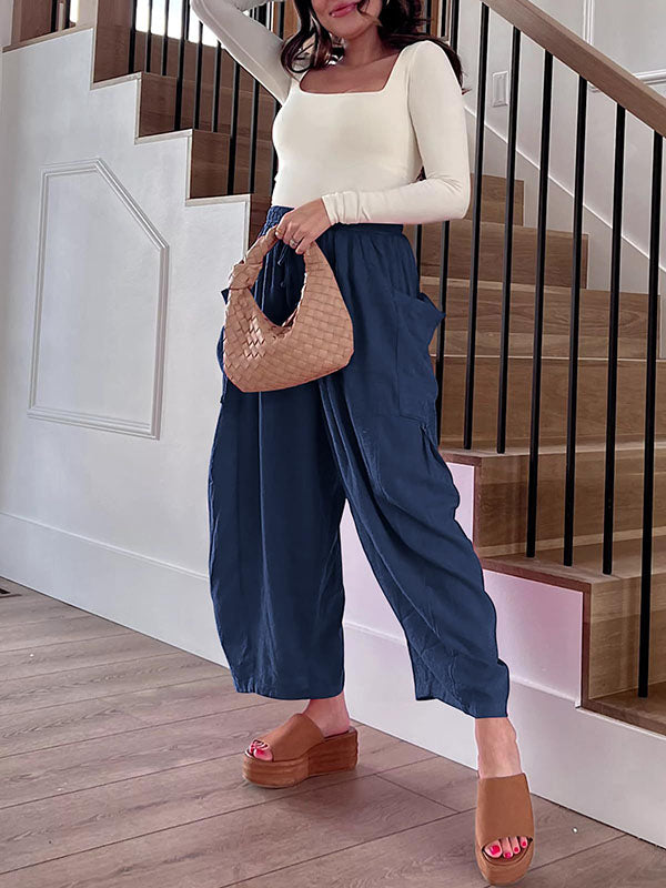 Drawstring Elasticity Pleated Pockets Solid Color High Waisted Loose Trousers Ninth Pants