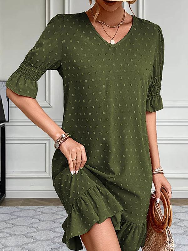 Elasticity Jacquard Pleated Solid Color Split-Joint A-Line Flared Sleeves V-Neck Mini Dresses