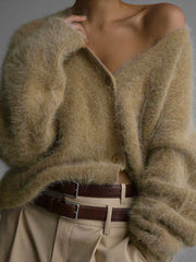 Buttoned Solid Color Long Sleeves Loose V-Neck Cardigan Tops