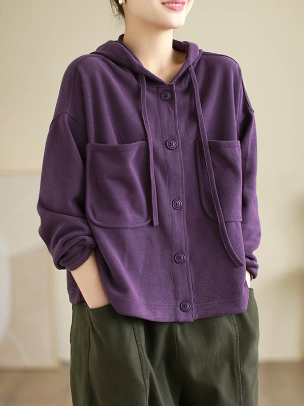 Buttoned Drawstring Pockets Solid Color Hooded Long Sleeves Outerwear