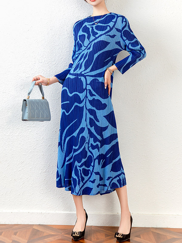 Floral Printed Pleated Long Sleeves Midi Dress