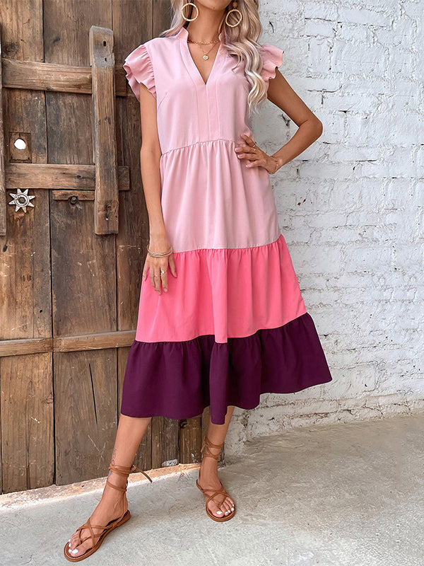 Contrast Color Pleated Split-Joint Loose Sleeveless V-Neck Midi Dresses