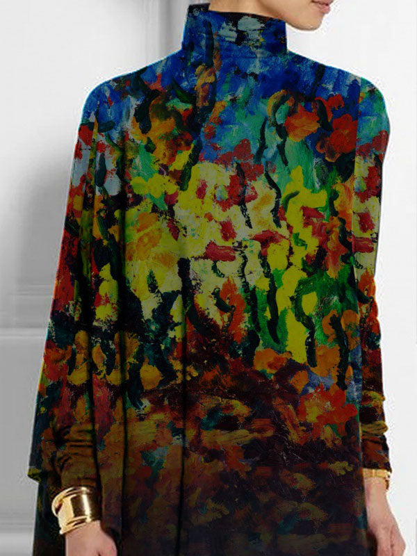 Asymmetric Printed Split-Side Batwing Sleeves Long Sleeves High Neck T-Shirts Tops