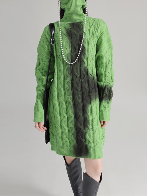 Contrast Color Long Sleeves Loose High Neck Sweater Dresses Mini Dresses