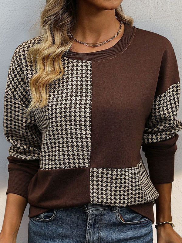 Contrast Color Houndstooth Split-Joint Long Sleeves Loose Round-Neck Sweatshirt Tops