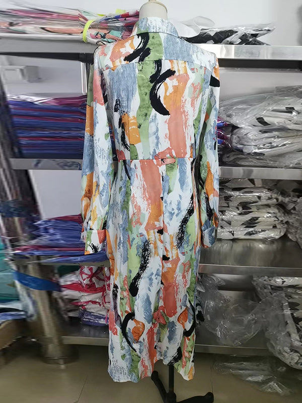 Asymmetric Pleated Printed Split-Joint High Waisted Long Sleeves Deep V-Neck Midi Dresses