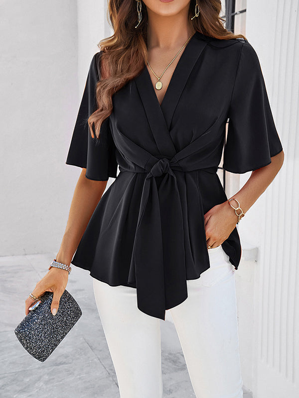 Solid Color Tied Flared Sleeves Half Sleeves V-neck Blouses&shirts Tops