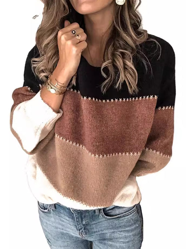 Contrast Color Split-Joint Striped Long Sleeves Loose Round-Neck Sweater Tops Pullovers