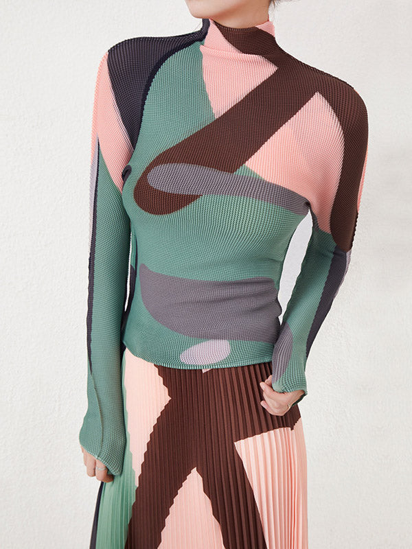 Contrast Color Pleated Long Sleeves Mock Neck T-Shirts Tops