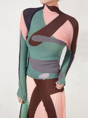 Contrast Color Pleated Long Sleeves Mock Neck T-Shirts Tops