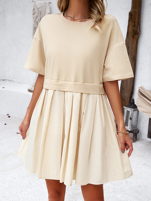 Contrast Color Pleated Split-Joint A-Line Half Sleeves Round-Neck Mini Dresses