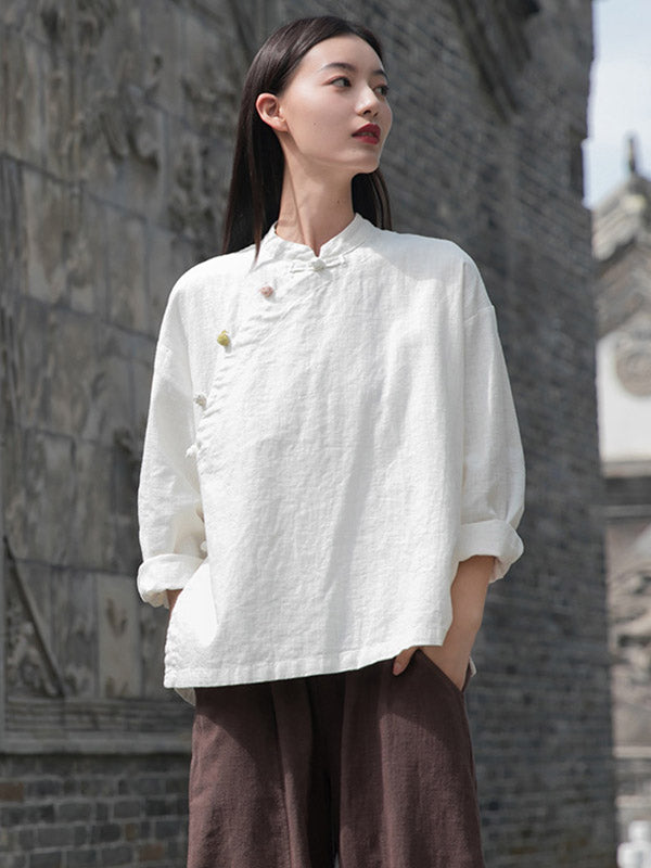 Vintage Ramie Cotton Stand Collar Loose Long Sleeve Shirt